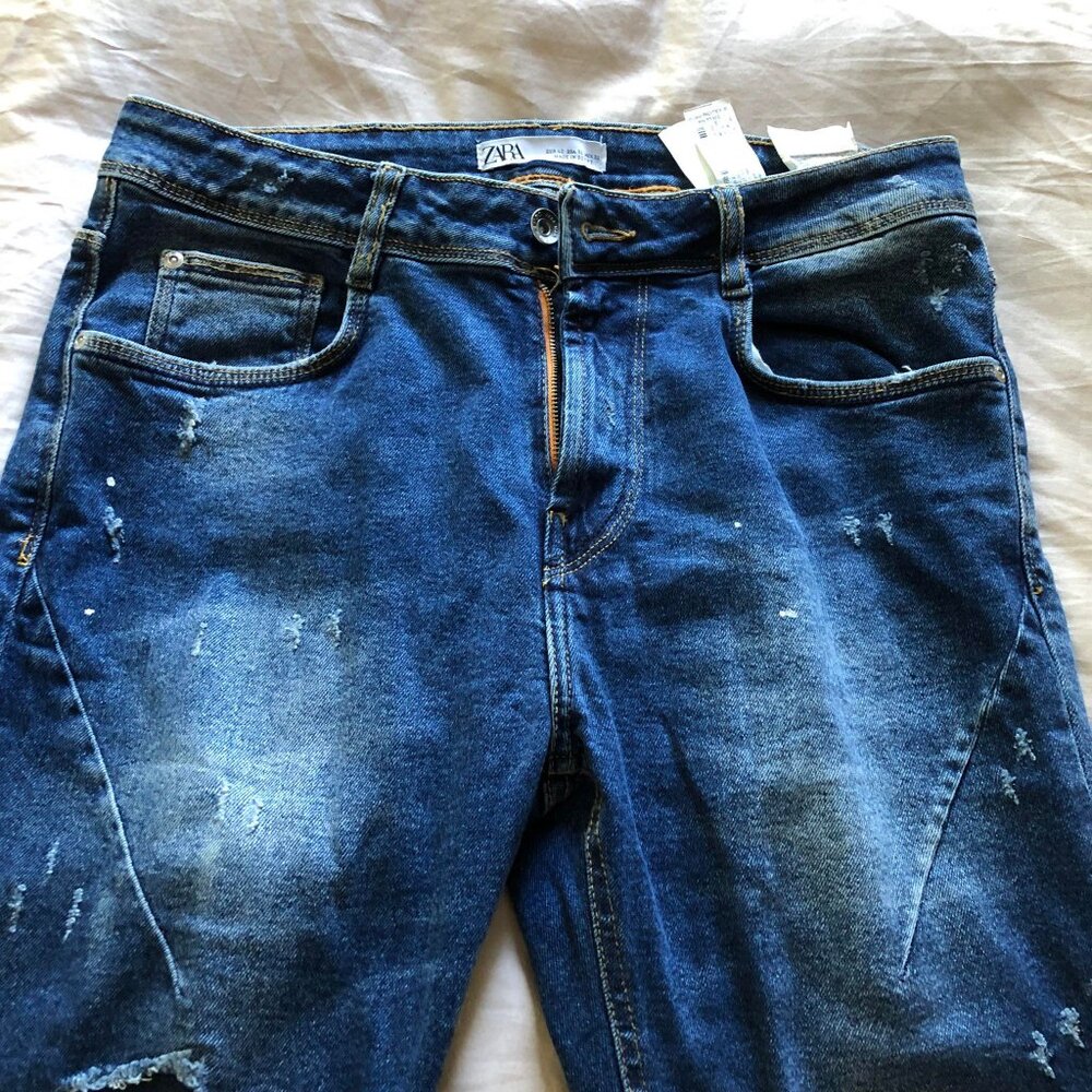ZARA Men's Blue Jeans Size 32 Distressed Patched Styling